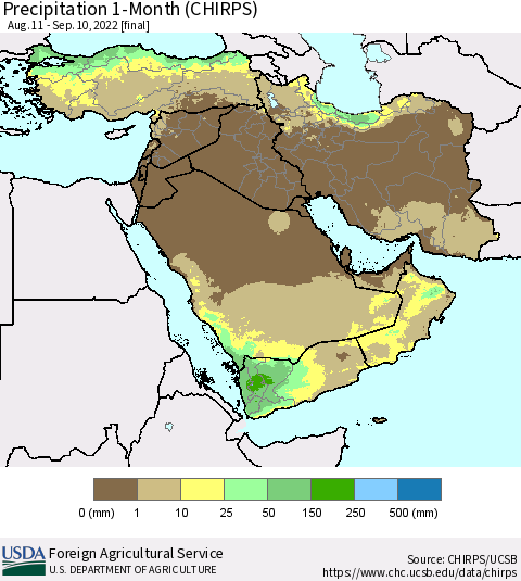 Middle East and Turkey Precipitation 1-Month (CHIRPS) Thematic Map For 8/11/2022 - 9/10/2022