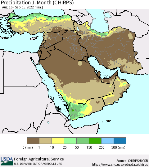 Middle East and Turkey Precipitation 1-Month (CHIRPS) Thematic Map For 8/16/2022 - 9/15/2022