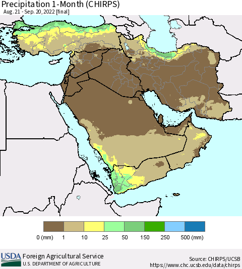 Middle East and Turkey Precipitation 1-Month (CHIRPS) Thematic Map For 8/21/2022 - 9/20/2022