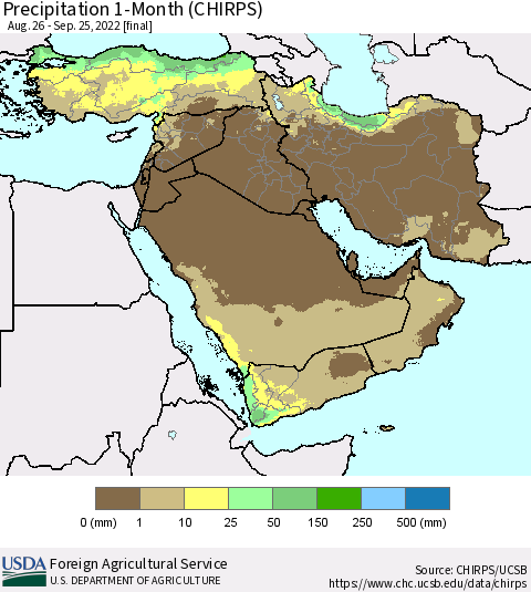 Middle East and Turkey Precipitation 1-Month (CHIRPS) Thematic Map For 8/26/2022 - 9/25/2022