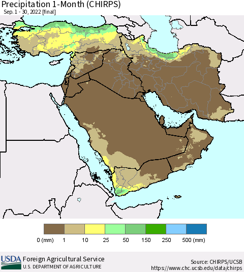 Middle East and Turkey Precipitation 1-Month (CHIRPS) Thematic Map For 9/1/2022 - 9/30/2022