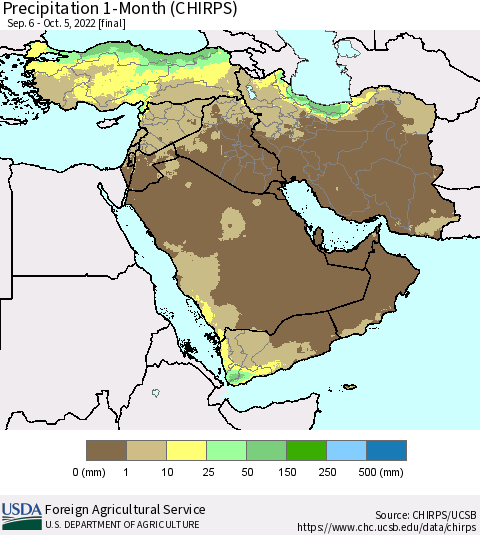 Middle East and Turkey Precipitation 1-Month (CHIRPS) Thematic Map For 9/6/2022 - 10/5/2022
