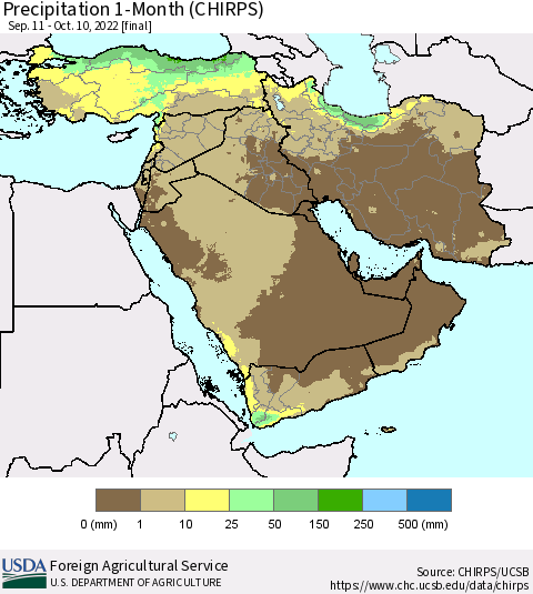 Middle East and Turkey Precipitation 1-Month (CHIRPS) Thematic Map For 9/11/2022 - 10/10/2022