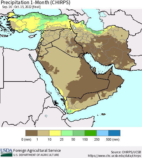 Middle East and Turkey Precipitation 1-Month (CHIRPS) Thematic Map For 9/16/2022 - 10/15/2022