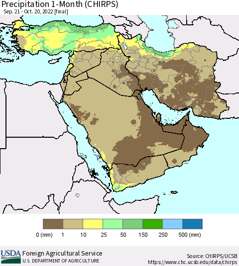 Middle East and Turkey Precipitation 1-Month (CHIRPS) Thematic Map For 9/21/2022 - 10/20/2022