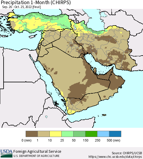 Middle East and Turkey Precipitation 1-Month (CHIRPS) Thematic Map For 9/26/2022 - 10/25/2022