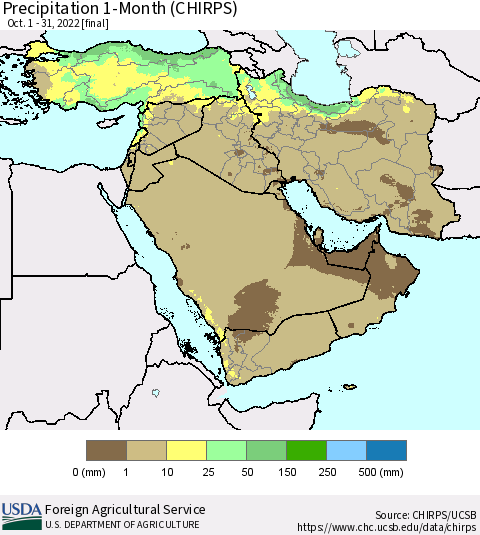 Middle East and Turkey Precipitation 1-Month (CHIRPS) Thematic Map For 10/1/2022 - 10/31/2022