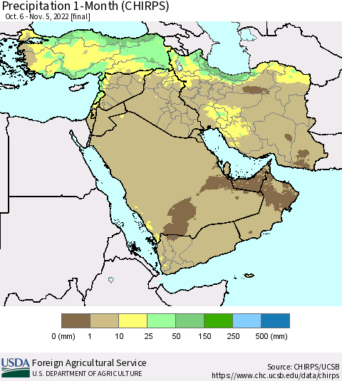 Middle East and Turkey Precipitation 1-Month (CHIRPS) Thematic Map For 10/6/2022 - 11/5/2022