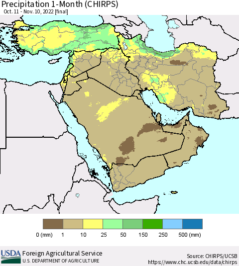 Middle East and Turkey Precipitation 1-Month (CHIRPS) Thematic Map For 10/11/2022 - 11/10/2022
