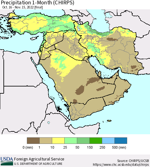 Middle East and Turkey Precipitation 1-Month (CHIRPS) Thematic Map For 10/16/2022 - 11/15/2022
