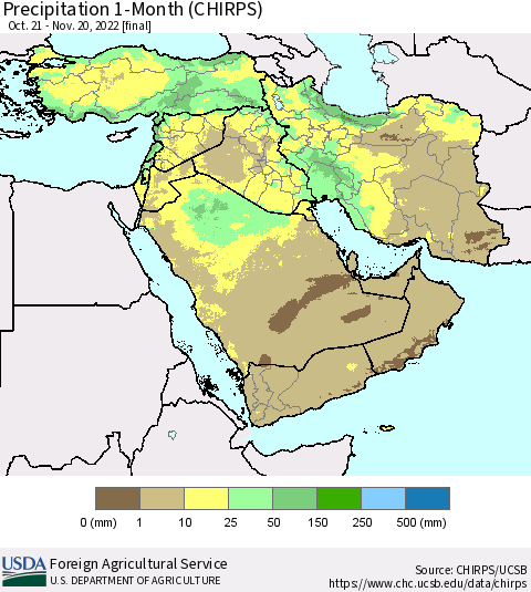Middle East and Turkey Precipitation 1-Month (CHIRPS) Thematic Map For 10/21/2022 - 11/20/2022