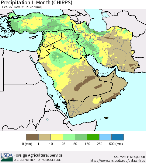 Middle East and Turkey Precipitation 1-Month (CHIRPS) Thematic Map For 10/26/2022 - 11/25/2022