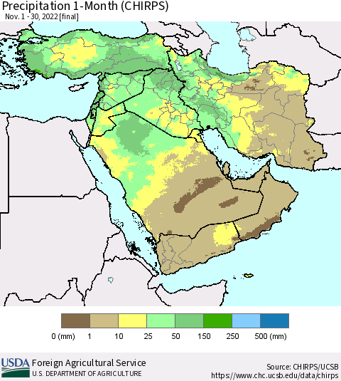 Middle East and Turkey Precipitation 1-Month (CHIRPS) Thematic Map For 11/1/2022 - 11/30/2022