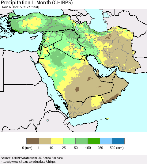 Middle East and Turkey Precipitation 1-Month (CHIRPS) Thematic Map For 11/6/2022 - 12/5/2022