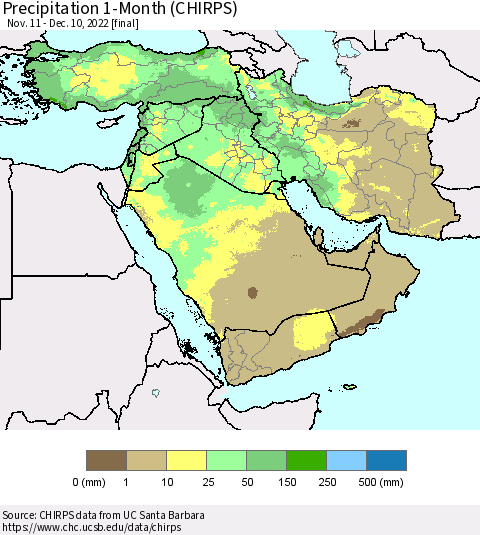 Middle East and Turkey Precipitation 1-Month (CHIRPS) Thematic Map For 11/11/2022 - 12/10/2022