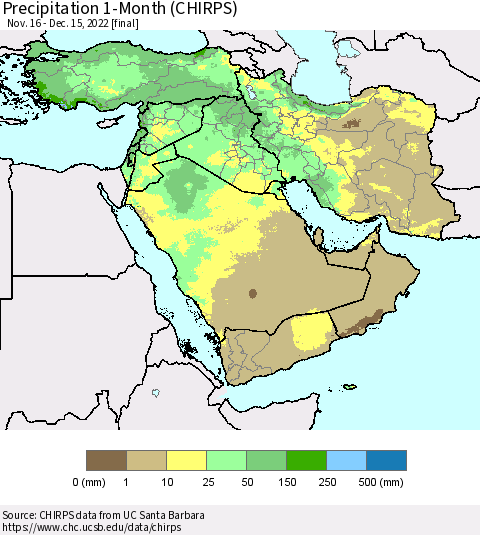 Middle East and Turkey Precipitation 1-Month (CHIRPS) Thematic Map For 11/16/2022 - 12/15/2022