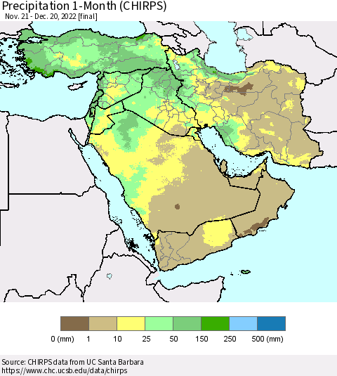 Middle East and Turkey Precipitation 1-Month (CHIRPS) Thematic Map For 11/21/2022 - 12/20/2022