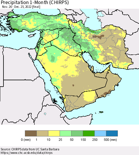 Middle East and Turkey Precipitation 1-Month (CHIRPS) Thematic Map For 11/26/2022 - 12/25/2022