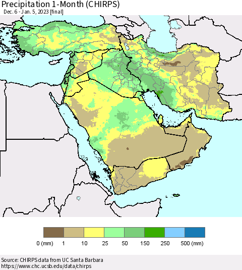 Middle East and Turkey Precipitation 1-Month (CHIRPS) Thematic Map For 12/6/2022 - 1/5/2023