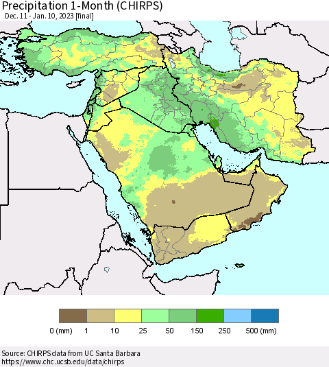 Middle East and Turkey Precipitation 1-Month (CHIRPS) Thematic Map For 12/11/2022 - 1/10/2023