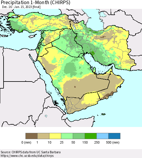 Middle East and Turkey Precipitation 1-Month (CHIRPS) Thematic Map For 12/16/2022 - 1/15/2023