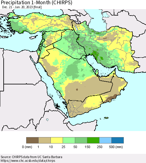 Middle East and Turkey Precipitation 1-Month (CHIRPS) Thematic Map For 12/21/2022 - 1/20/2023