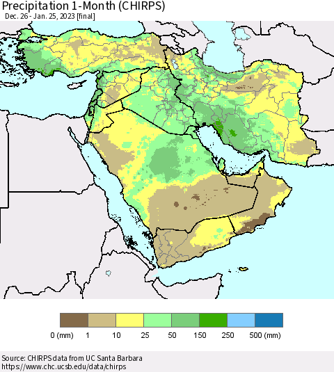 Middle East and Turkey Precipitation 1-Month (CHIRPS) Thematic Map For 12/26/2022 - 1/25/2023