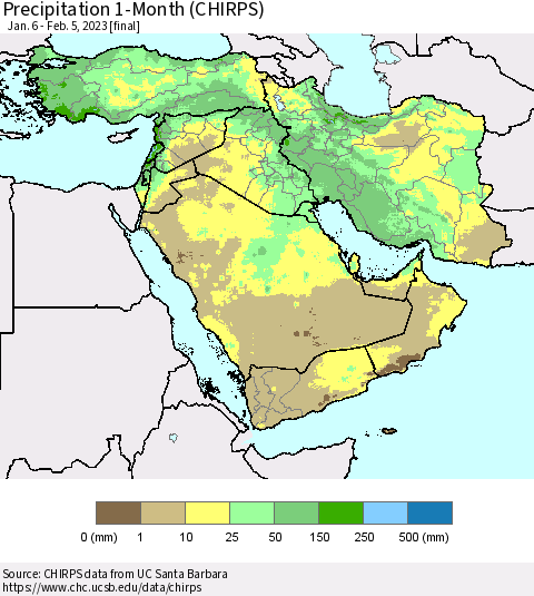 Middle East and Turkey Precipitation 1-Month (CHIRPS) Thematic Map For 1/6/2023 - 2/5/2023