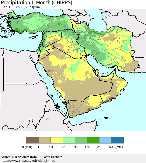 Middle East and Turkey Precipitation 1-Month (CHIRPS) Thematic Map For 1/11/2023 - 2/10/2023