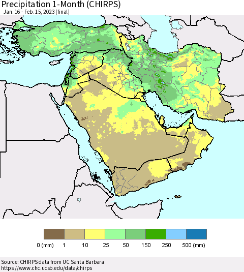 Middle East and Turkey Precipitation 1-Month (CHIRPS) Thematic Map For 1/16/2023 - 2/15/2023
