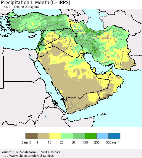 Middle East and Turkey Precipitation 1-Month (CHIRPS) Thematic Map For 1/21/2023 - 2/20/2023