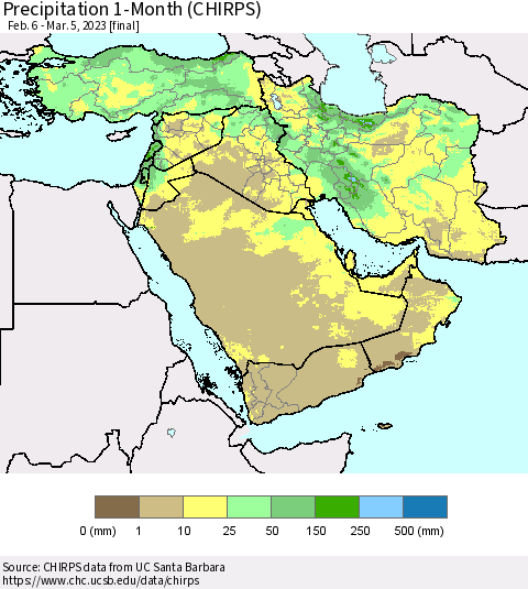 Middle East and Turkey Precipitation 1-Month (CHIRPS) Thematic Map For 2/6/2023 - 3/5/2023