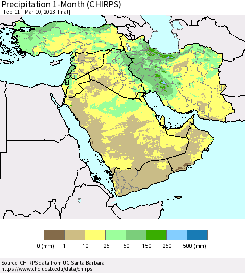 Middle East and Turkey Precipitation 1-Month (CHIRPS) Thematic Map For 2/11/2023 - 3/10/2023