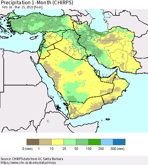 Middle East and Turkey Precipitation 1-Month (CHIRPS) Thematic Map For 2/16/2023 - 3/15/2023