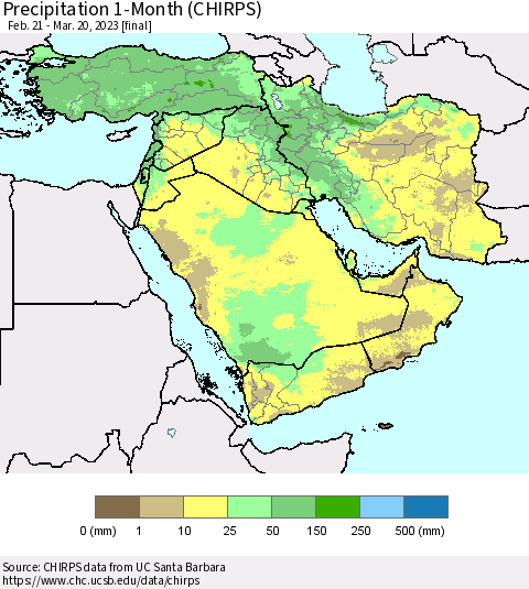 Middle East and Turkey Precipitation 1-Month (CHIRPS) Thematic Map For 2/21/2023 - 3/20/2023