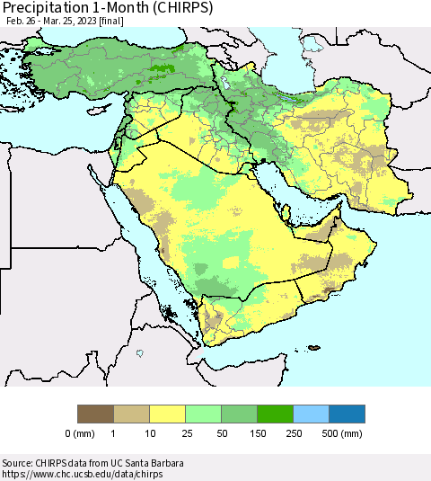 Middle East and Turkey Precipitation 1-Month (CHIRPS) Thematic Map For 2/26/2023 - 3/25/2023