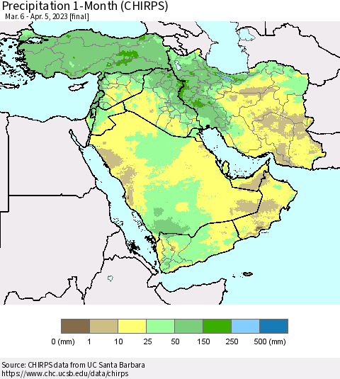 Middle East and Turkey Precipitation 1-Month (CHIRPS) Thematic Map For 3/6/2023 - 4/5/2023