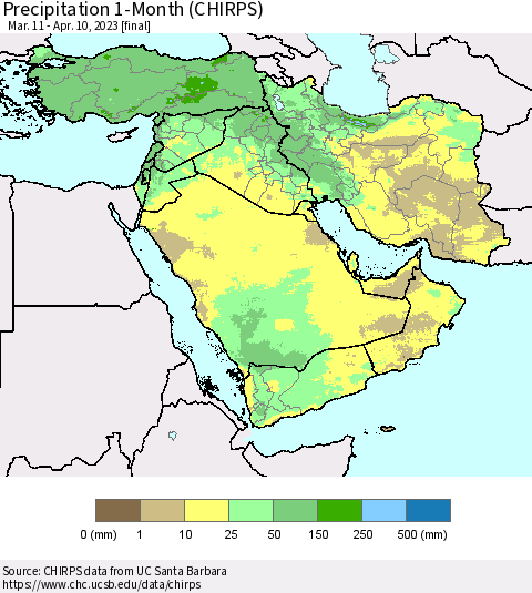 Middle East and Turkey Precipitation 1-Month (CHIRPS) Thematic Map For 3/11/2023 - 4/10/2023