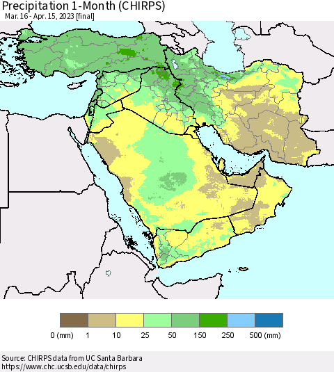 Middle East and Turkey Precipitation 1-Month (CHIRPS) Thematic Map For 3/16/2023 - 4/15/2023
