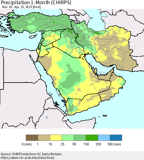 Middle East and Turkey Precipitation 1-Month (CHIRPS) Thematic Map For 3/26/2023 - 4/25/2023