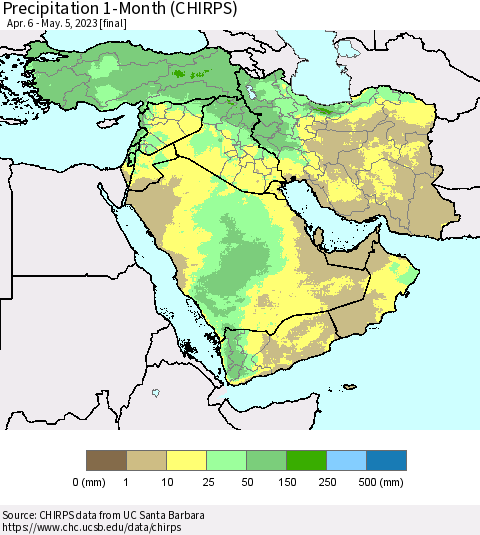 Middle East and Turkey Precipitation 1-Month (CHIRPS) Thematic Map For 4/6/2023 - 5/5/2023