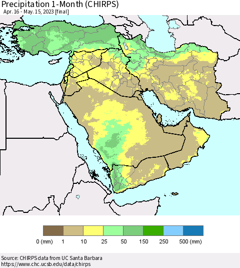 Middle East and Turkey Precipitation 1-Month (CHIRPS) Thematic Map For 4/16/2023 - 5/15/2023