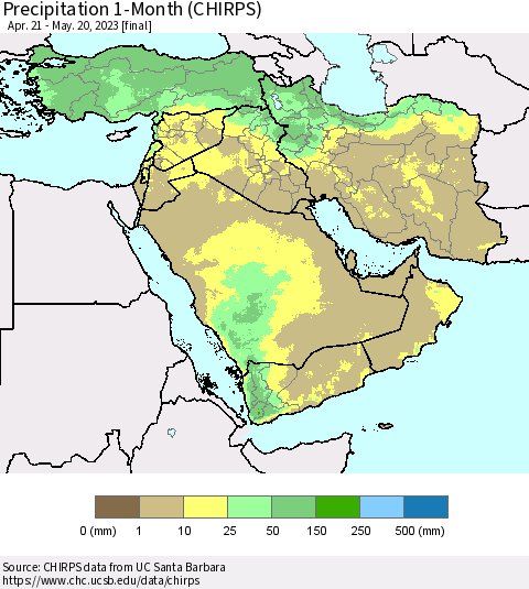 Middle East and Turkey Precipitation 1-Month (CHIRPS) Thematic Map For 4/21/2023 - 5/20/2023