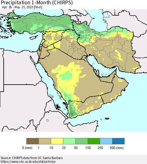 Middle East and Turkey Precipitation 1-Month (CHIRPS) Thematic Map For 4/26/2023 - 5/25/2023