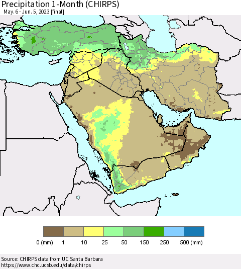 Middle East and Turkey Precipitation 1-Month (CHIRPS) Thematic Map For 5/6/2023 - 6/5/2023