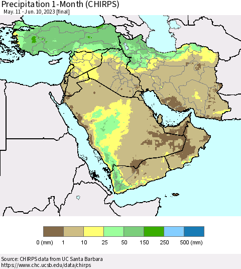Middle East and Turkey Precipitation 1-Month (CHIRPS) Thematic Map For 5/11/2023 - 6/10/2023