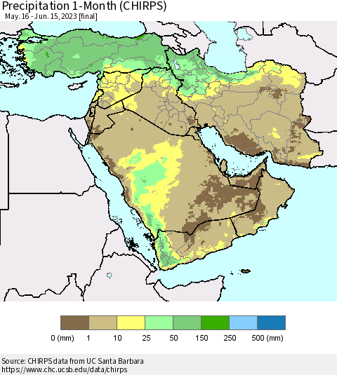 Middle East and Turkey Precipitation 1-Month (CHIRPS) Thematic Map For 5/16/2023 - 6/15/2023