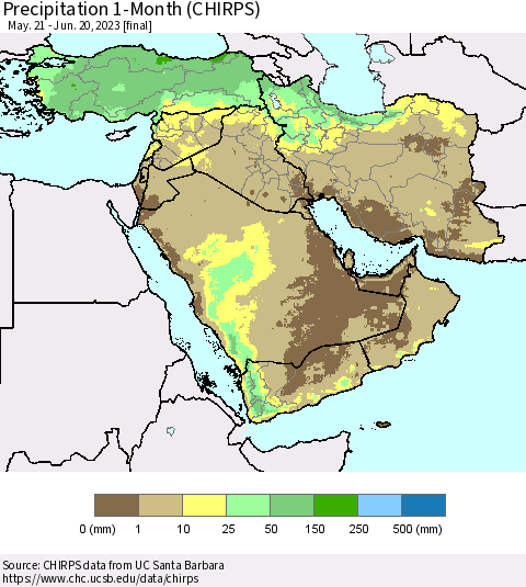 Middle East and Turkey Precipitation 1-Month (CHIRPS) Thematic Map For 5/21/2023 - 6/20/2023