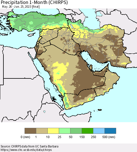 Middle East and Turkey Precipitation 1-Month (CHIRPS) Thematic Map For 5/26/2023 - 6/25/2023