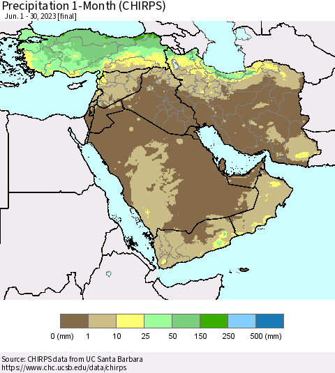 Middle East and Turkey Precipitation 1-Month (CHIRPS) Thematic Map For 6/1/2023 - 6/30/2023